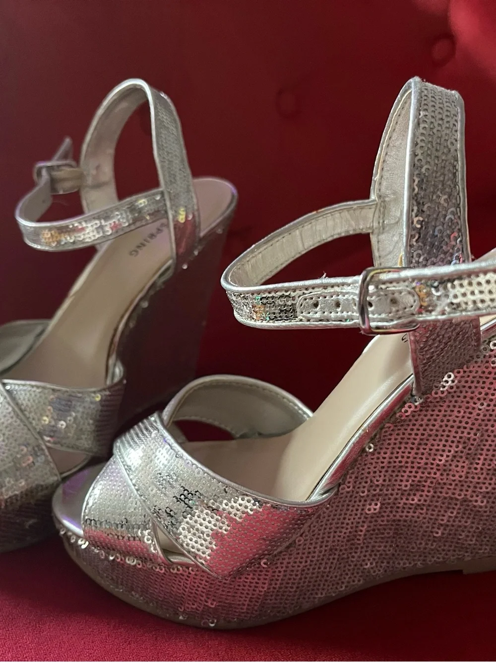 Call It Spring Silver Sequin Wedge Sandal Size 7